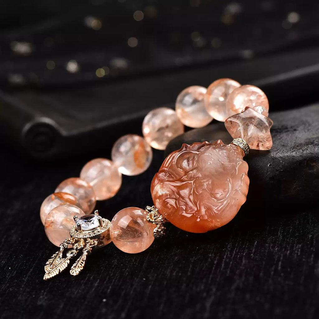 Natural Red Rutilated Quartz Nine-Tailed Fox Bracelet Love Energy & Spiritual Protection Amulet