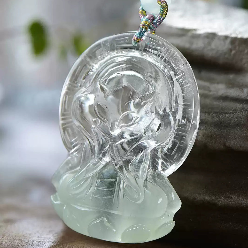 Natural Green Phantom Quartz Nine-Tailed Fox Pendant Hand-Carved Crystal Fox Necklace