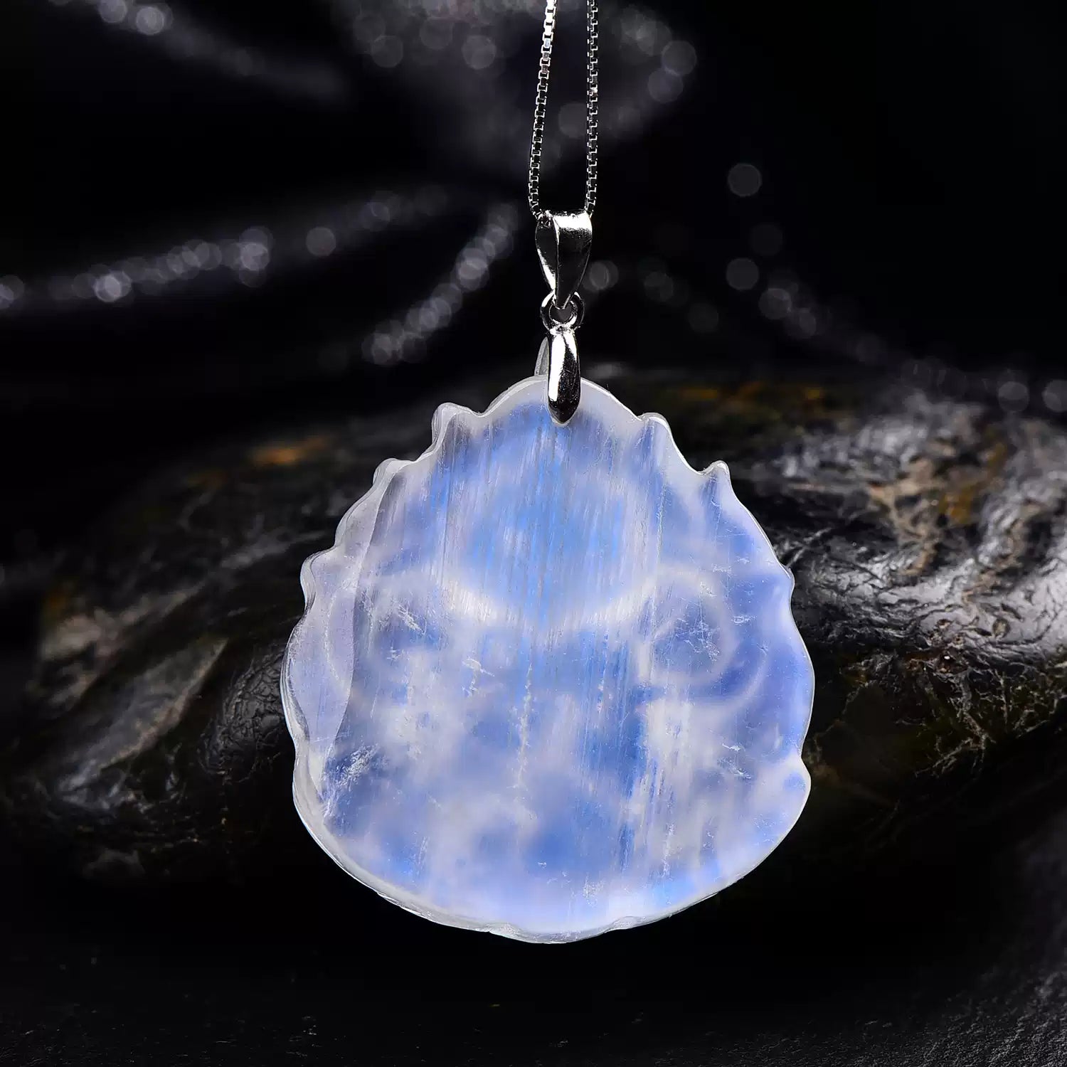 Natural Blue Moonstone Nine-Tailed Fox Pendant