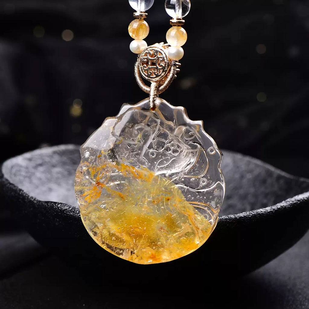 Natural Yellow Fluorite Nine-Tailed Fox Pendant  Hand-Carved Crystal Fox Necklace