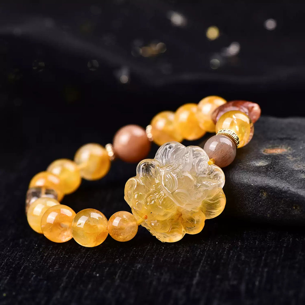 Natural Yellow Fluorite Nine-Tailed Fox Bracelet Handcrafted Crystal Fox Bead Bracelet