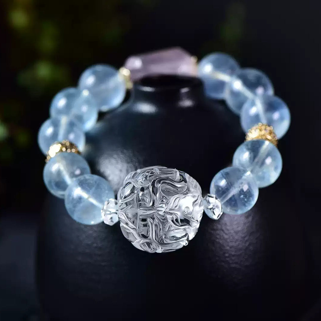 Natural Clear Quartz & Aquamarine Nine-Tailed Fox Bracelet Healing, Clarity & Spiritual Protection Amulet