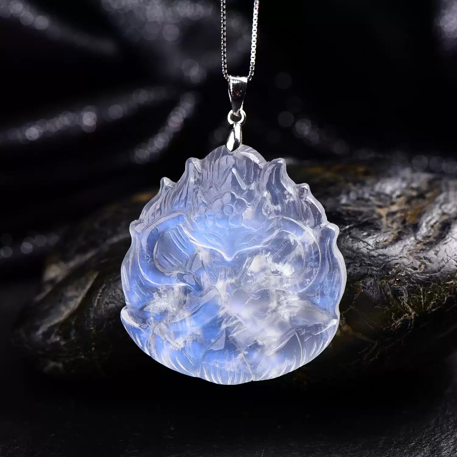 Natural Blue Moonstone Nine-Tailed Fox Pendant