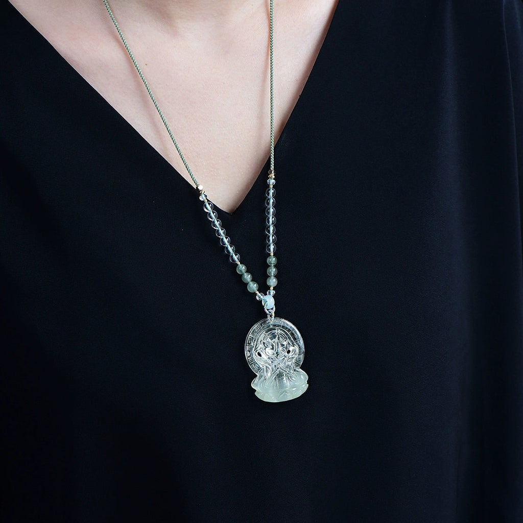 Natural Green Phantom Quartz Nine-Tailed Fox Pendant Hand-Carved Crystal Fox Necklace