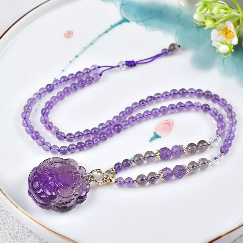 Natural Amethyst Nine-Tailed Fox Pendant Hand-Carved Purple Crystal Fox Necklace