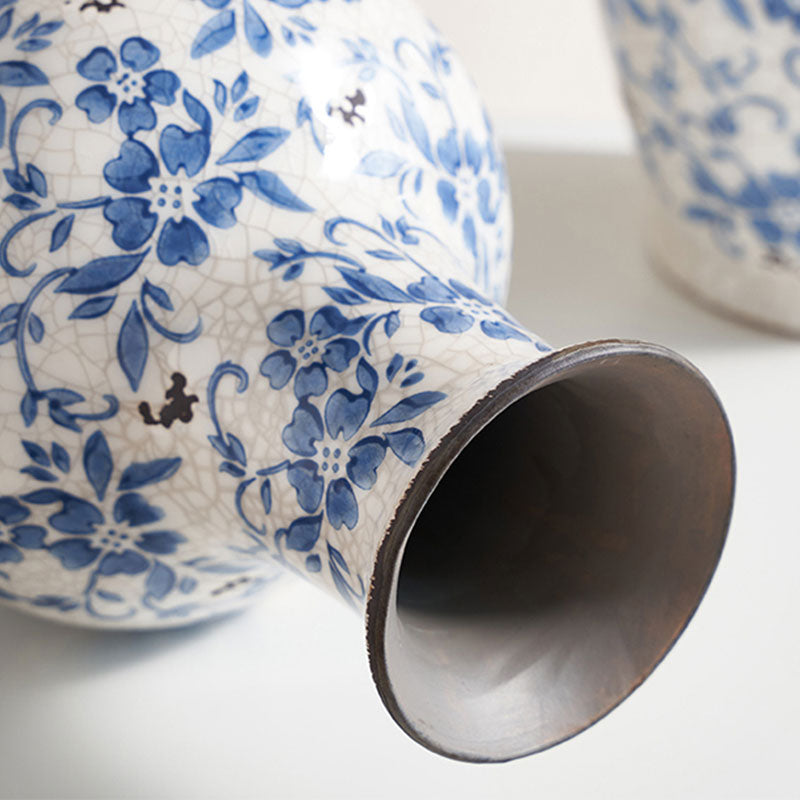Blue & White Crackle-Glaze Ceramic Vase – Vintage Oriental Floral Decor