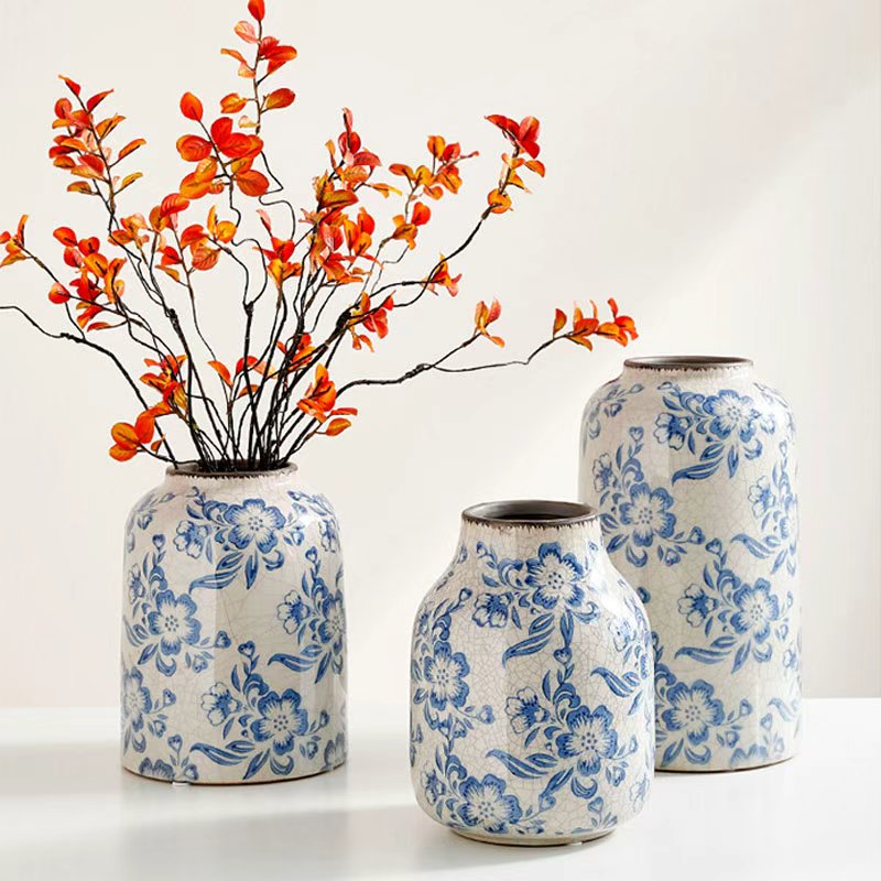Blue & White Crackle-Glaze Ceramic Vase – Vintage Oriental Floral Decor