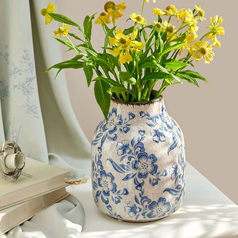 Blue & White Crackle-Glaze Ceramic Vase – Vintage Oriental Floral Decor