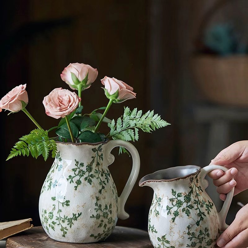 Vintage Crackle-Glaze Ceramic Pitcher Vase – Rustic Farmhouse Botanical Decor