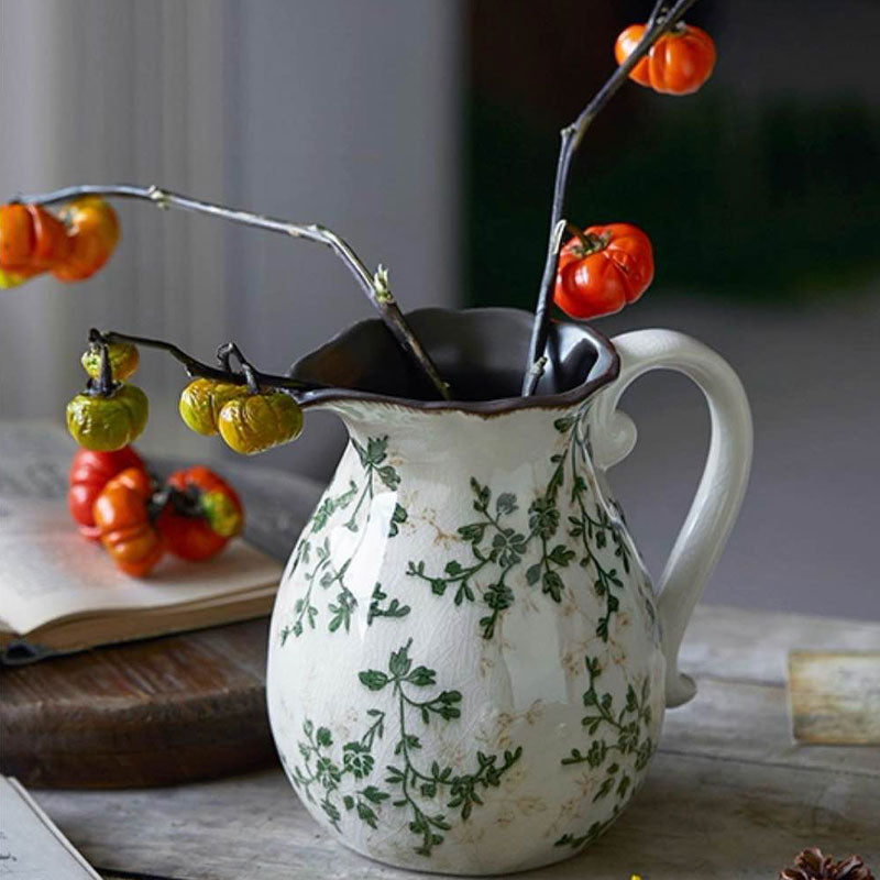 Vintage Crackle-Glaze Ceramic Pitcher Vase – Rustic Farmhouse Botanical Decor