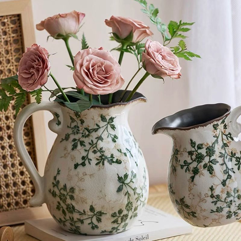 Vintage Crackle-Glaze Ceramic Pitcher Vase – Rustic Farmhouse Botanical Decor