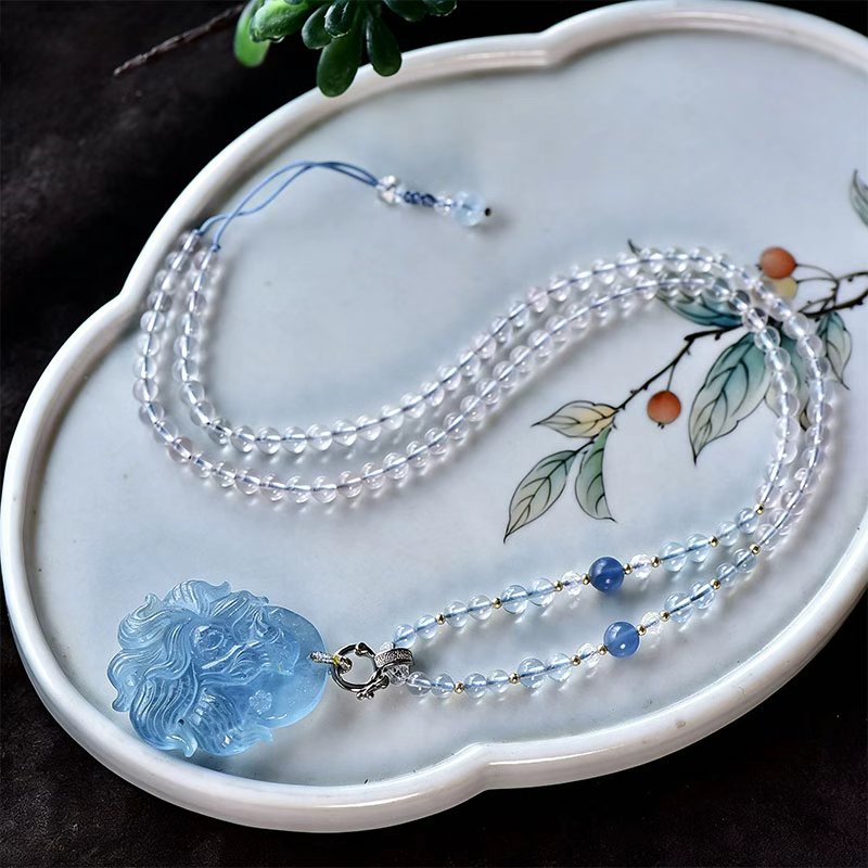 Natural Aquamarine Nine-Tailed Fox Pendant – Hand-Carved Crystal Fox Amulet for Protection & Serenity