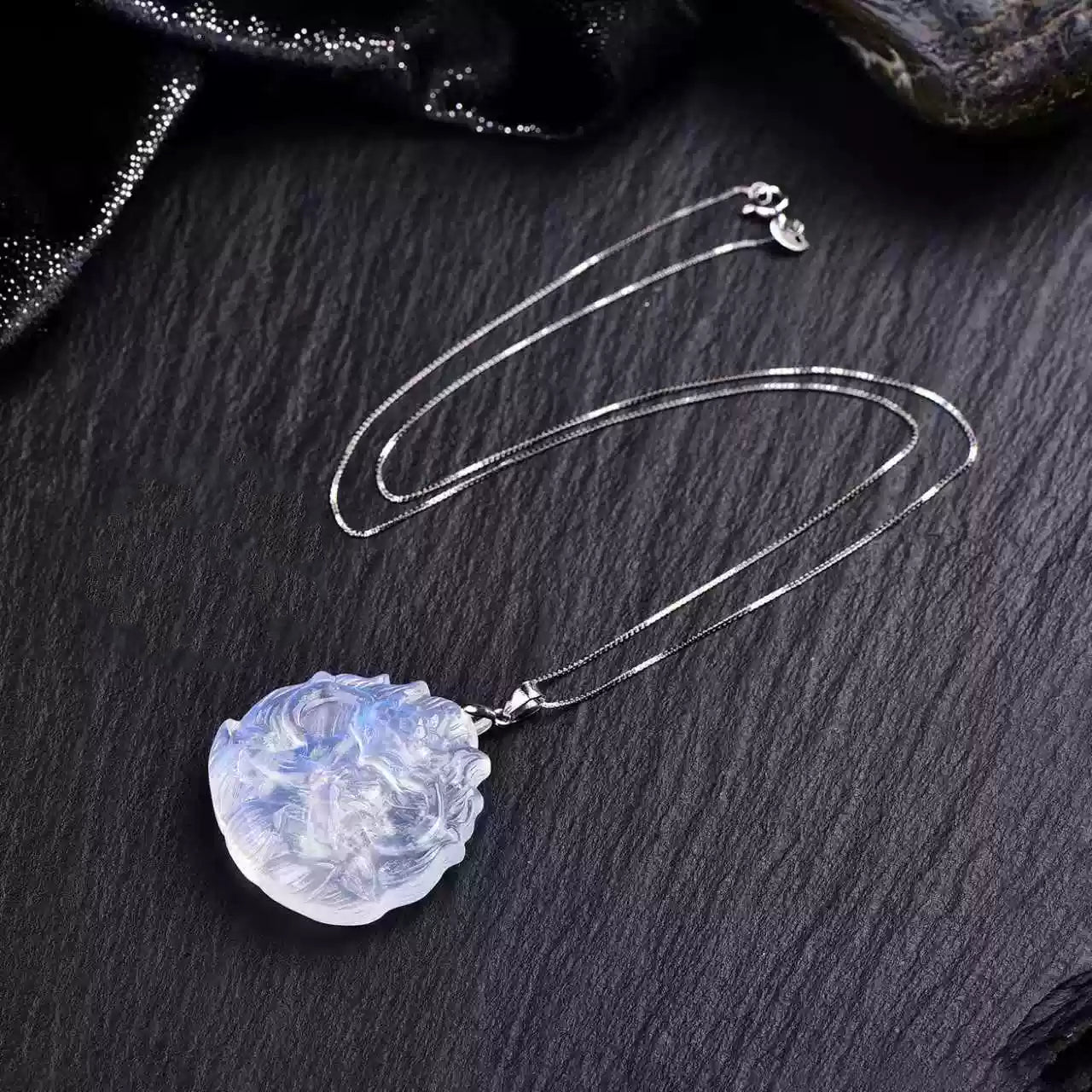 Natural Blue Moonstone Nine-Tailed Fox Pendant