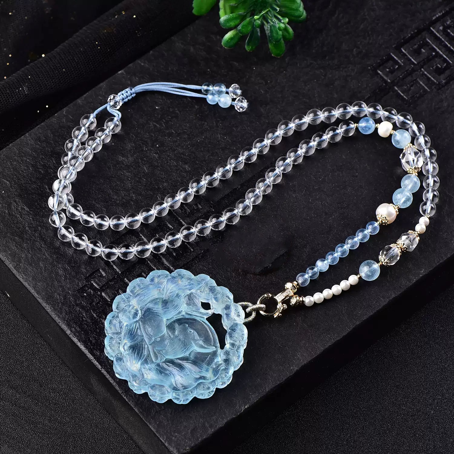 Natural Aquamarine Nine-Tailed Fox Pendant Hand-Carved Crystal Fox Necklace