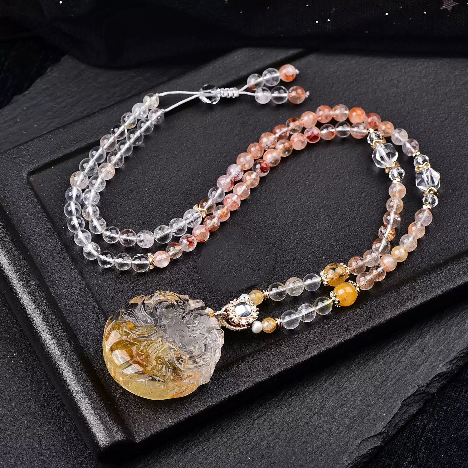 Natural Yellow Fluorite Nine-Tailed Fox Pendant  Hand-Carved Crystal Fox Necklace