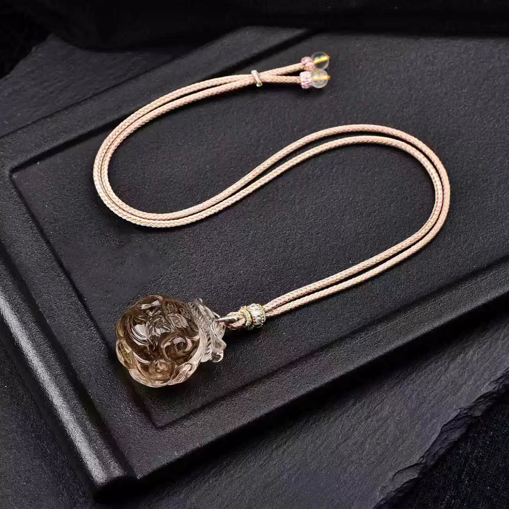 Natural Golden Rutilated Quartz Nine-Tailed Fox Pendant Hand-Carved Smoky Quartz Fox Necklace