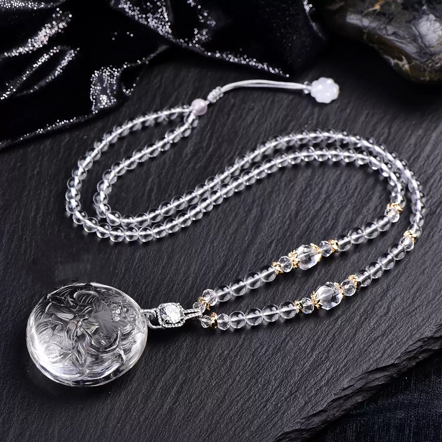 Natural Rainbow Fluorite Nine-Tailed Fox Pendant Hand-Carved Multicolor Crystal Fox Necklace