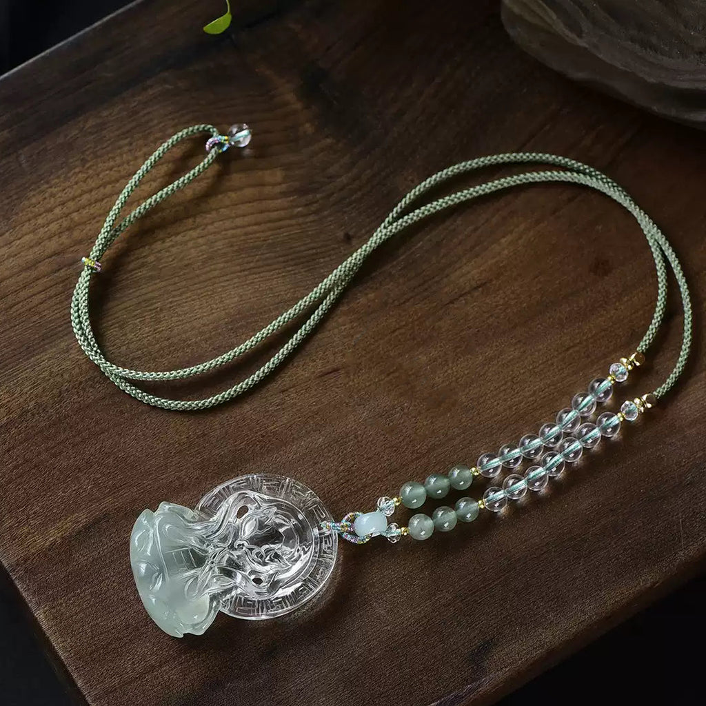 Natural Green Phantom Quartz Nine-Tailed Fox Pendant Hand-Carved Crystal Fox Necklace